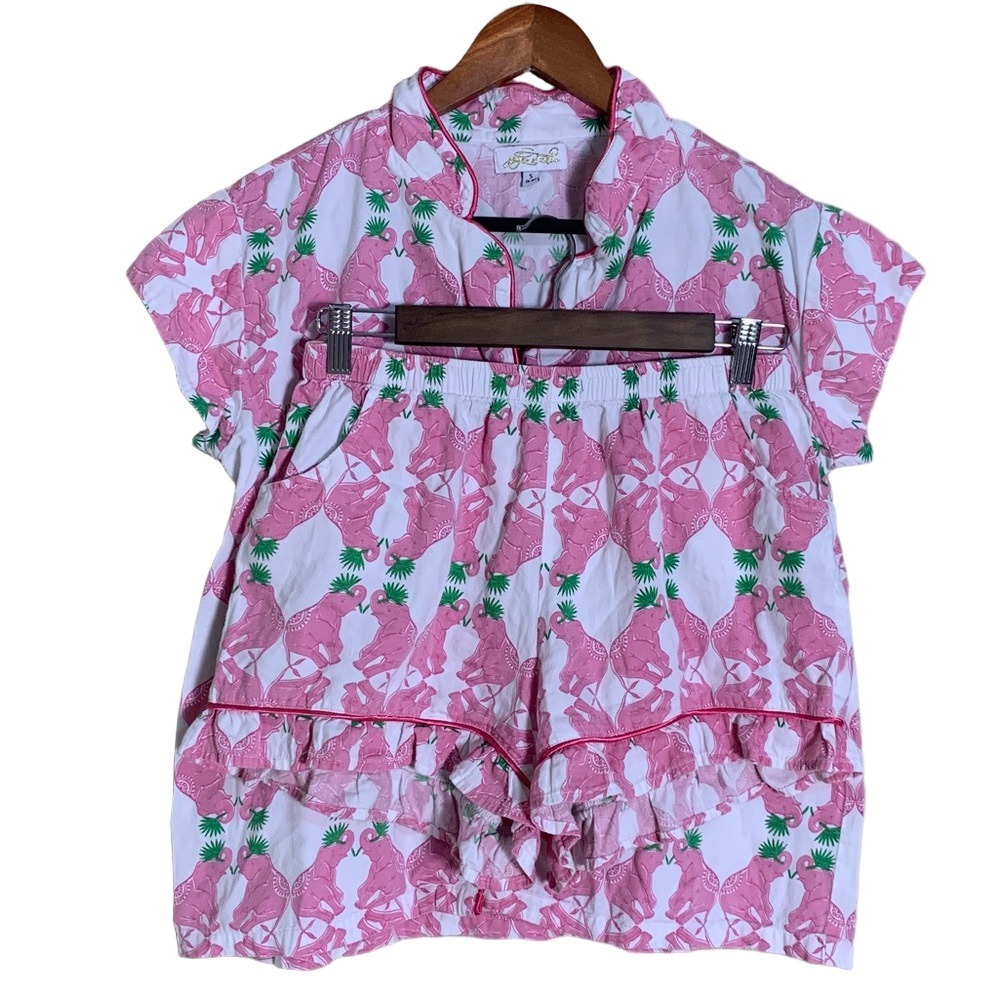 Jaye's Studio Pajama Set Womens S Pink Elephant Pineapple‎ Ruffle Shorts PJs